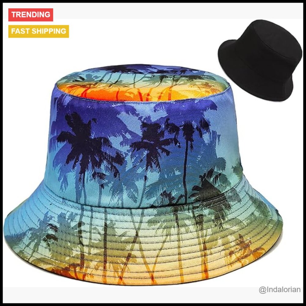 Coconut Tree Print Bucket Hat Lightweight Breathable Double-Sided Wearable